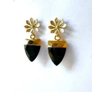 Vintage inspired gold flower earrings with genuine black onyx charms